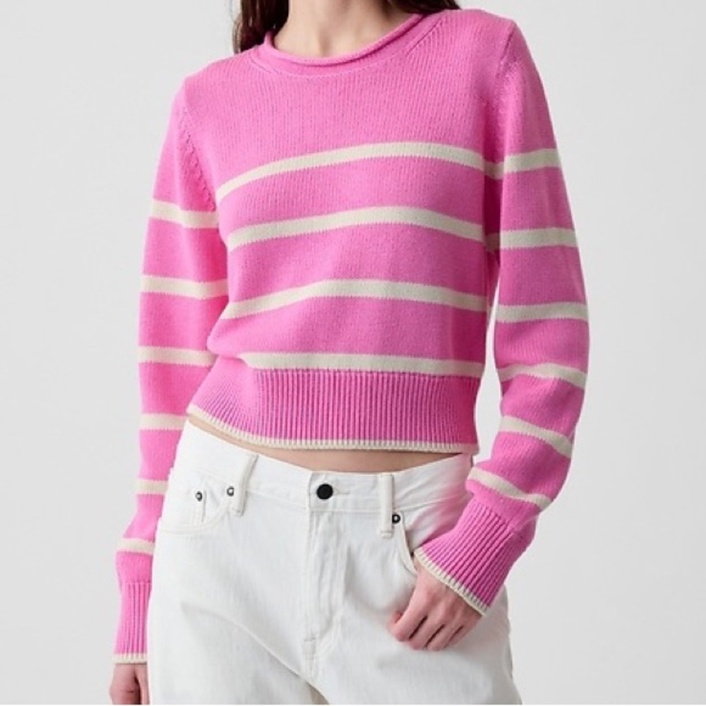 GAP Shrunken Roll Neck Sweater - XL - Pink/white Stripe